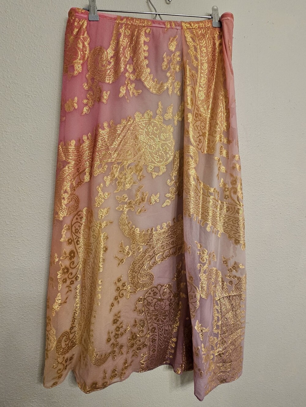 Vintage Pink & Gold Metallic Paisley Maxi Skirt